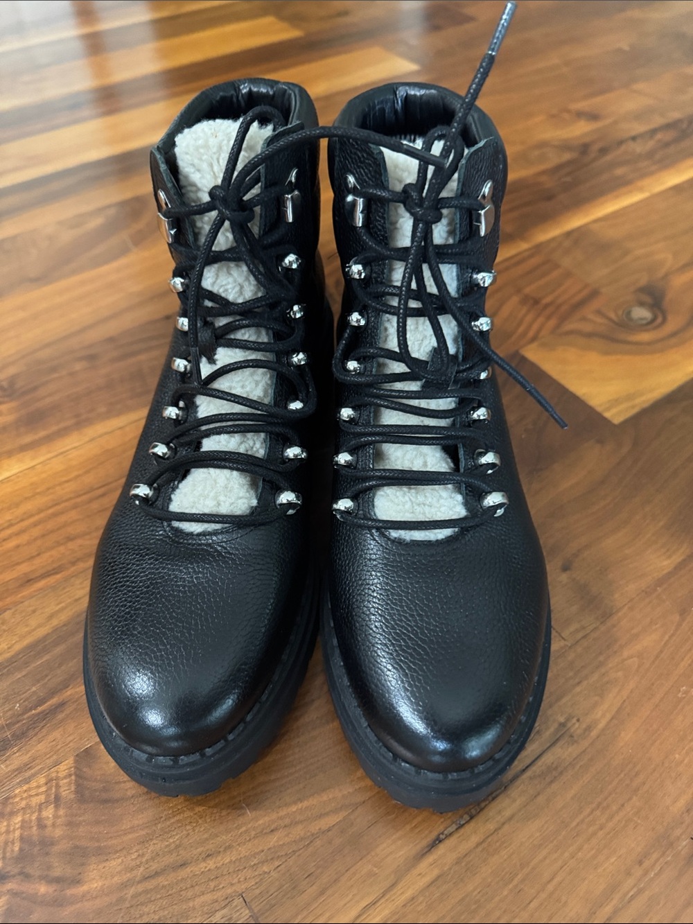 Marc Fisher Black Leather Lace-Up Shearling-Trim Boots